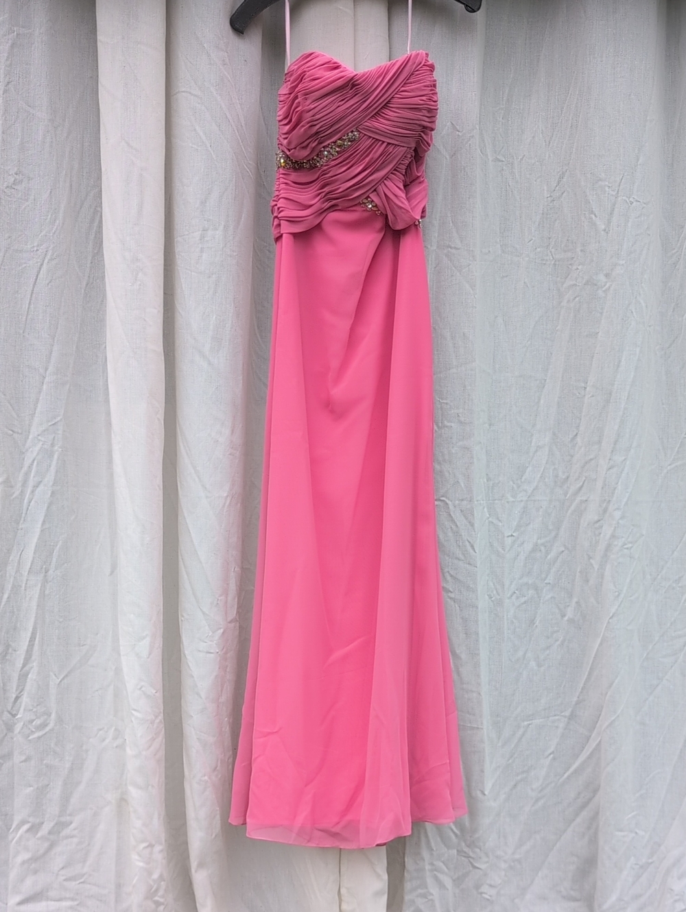 Mystique Boutique Strapless Ruched Hot Pink Gown with Beaded Trim